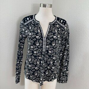 Lucky Brand Womens Medium Floral Boho Blouse Black White Embroidered Top Shirt